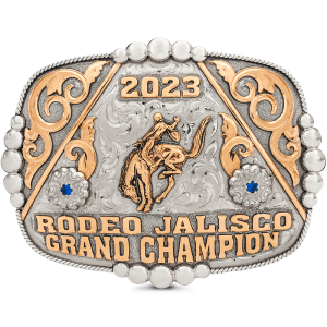 A custom bull riding belt buckle trophy for men featuring a bull rider figure and lettering for Rodeo Jalisco Grand Champion 